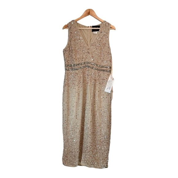 Mac Duggal Sequin Sleevess Midi Cocktail Dress in Beige Size 10 NWT - Picture 2 of 7